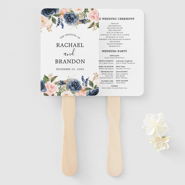 Navy Blue Blue Blush Pink Rose Botanical Hand Fan (Front and Back)
