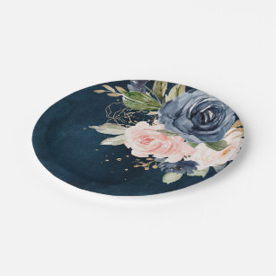 Navy Blue Blue Blush Pink Rose Botanical Wedding Paper Plate