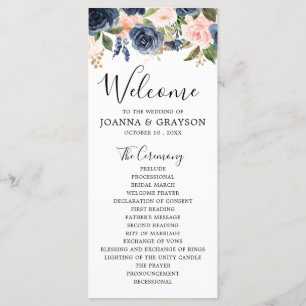 Navy Blue Blue Blush Pink Rose Botanical Wedding Program