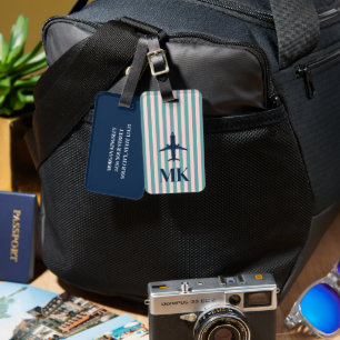 Navy Blue Blush Airplane Striped Monogrammed Luggage Tag