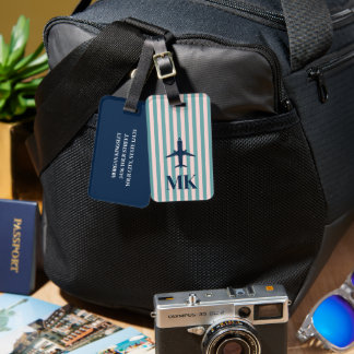 Navy Blue Blush Airplane Striped Monogrammed Luggage Tag