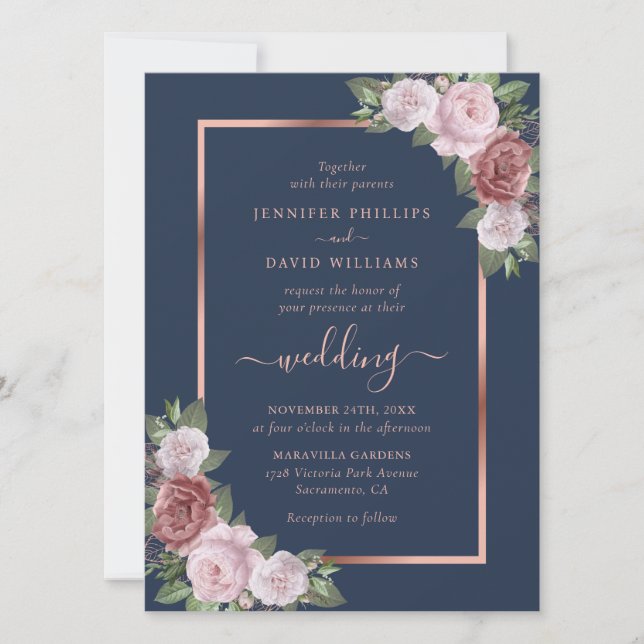 Navy Blue Blush and Rose Gold Wedding Invitation (Front)