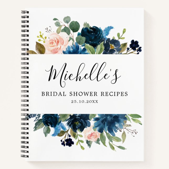 Navy Blue Blush Bridal Shower Recipe Book (Front)