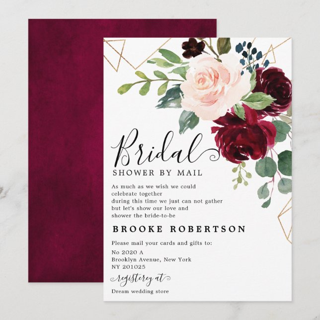 Navy Blue Blush Burgundy Bridal Shower by mail Invitation (Front/Back)