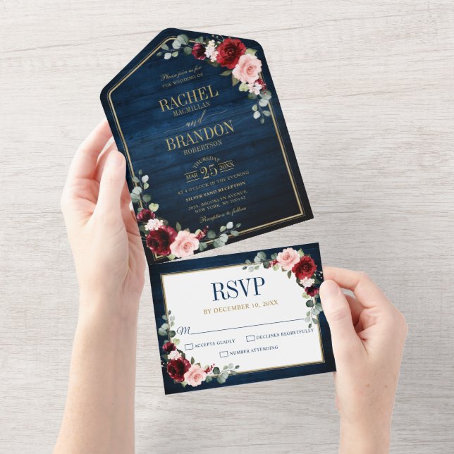 Navy Blue Blush Burgundy Gold Geometric Wedding Al All In One Invitation (Tearaway)