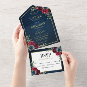 Navy Blue Blush Burgundy Gold Geometric Wedding All In One Invitation