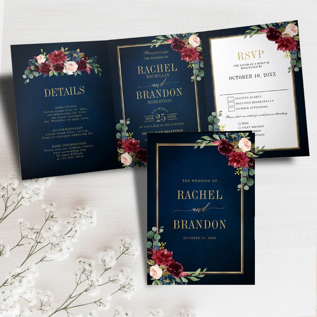 Navy Blue Blush Burgundy Gold Geometric Wedding Tr Tri-Fold Announcement (Navy Blue Blush Burgundy Gold Geometric Wedding photo Tri-Fold Announcement)