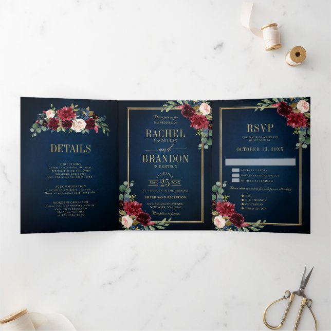 Navy Blue Blush Burgundy Gold Geometric Wedding Tr Tri-Fold Announcement (Inside)