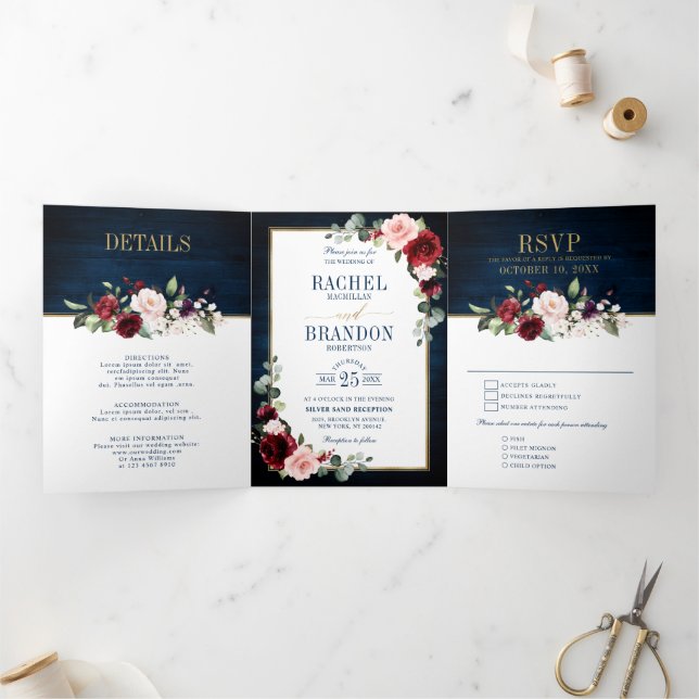 Navy Blue Blush Burgundy Gold Geometric Wedding Tr Tri-Fold Announcement (Inside)