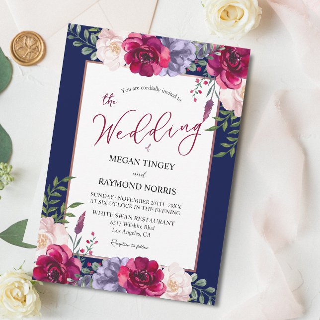 Navy Blue Blush & Burgundy Peony Floral Wedding Invitation (Creator Uploaded)