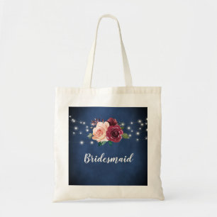 Navy Blue Blush Burgundy Rose Lights Bridesmaid Tote Bag