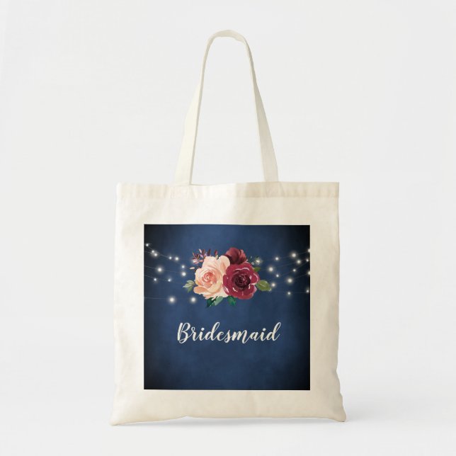 Navy Blue Blush Burgundy Rose Lights Bridesmaid Tote Bag (Front)
