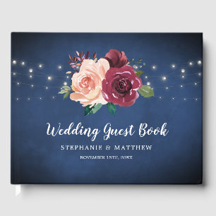 Navy Blue Blush Burgundy Rose String Light Wedding Guest Book