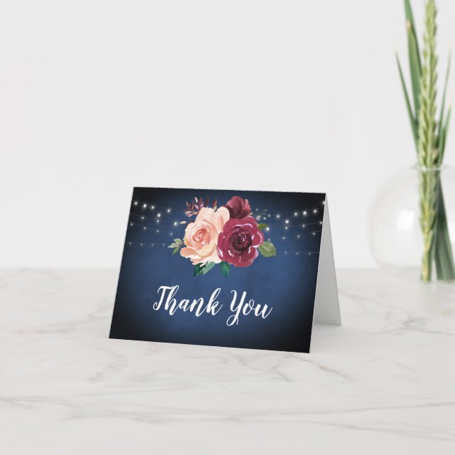 Navy Blue Blush Burgundy Rose String Light Wedding Thank You Card (Front)