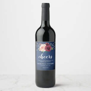 Navy Blue Blush Burgundy Roses Lights Wedding Wine Label