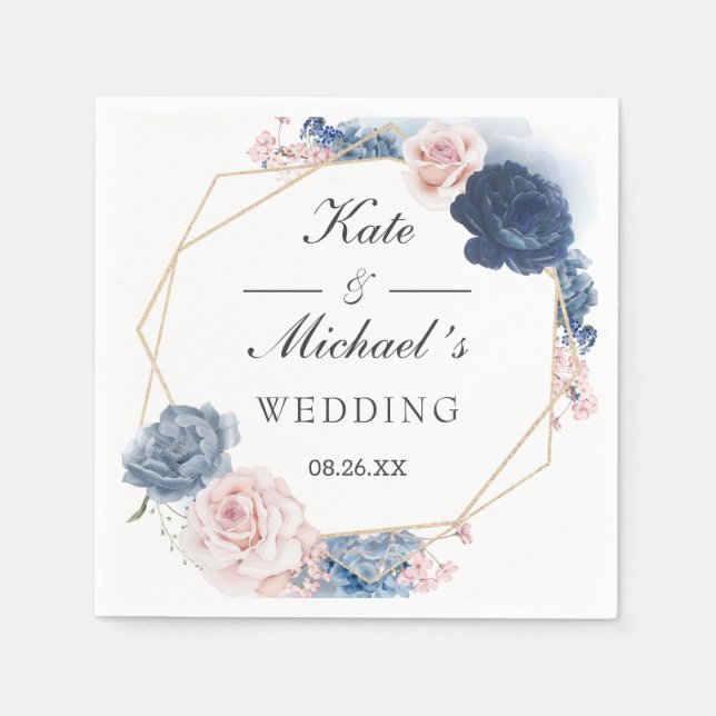 Navy Blue Blush Dusty Floral Gold Frame Wedding Napkin (Front)