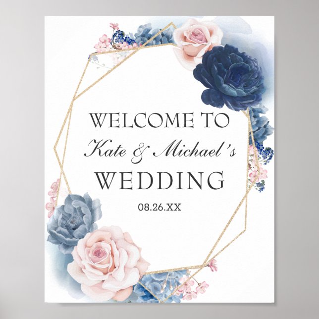 Navy Blue Blush Dusty Floral Gold Frame Wedding Poster (Front)