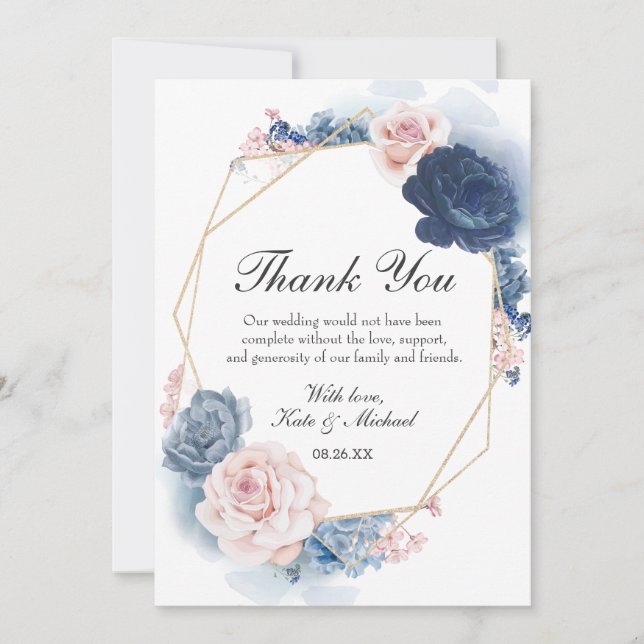 Navy Blue Blush Dusty Floral Gold Frame Wedding Thank You Card (Front)