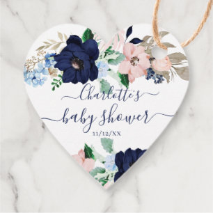 Navy Blue Blush Floral Baby Shower Favour Gift Tag