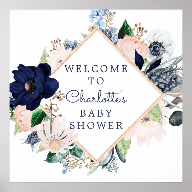 Navy Blue & Blush Floral Baby Shower Welcome Poster (Front)