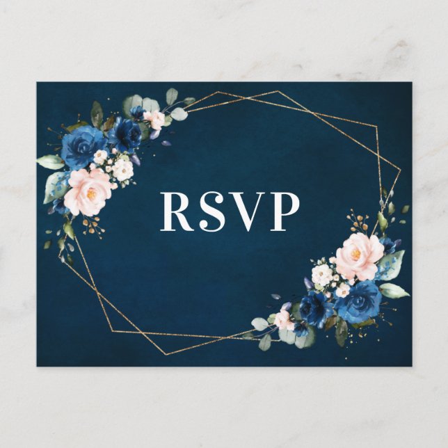 Navy Blue Blush Floral Botanical Geometric RSVP Postcard (Front)