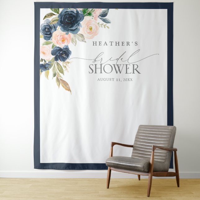 Navy Blue & Blush Floral Bridal Shower Photo Booth Tapestry (In Situ)