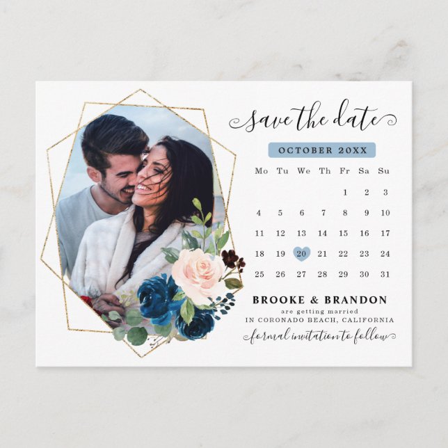 Navy Blue Blush Floral Calendar Save the Date Postcard (Front)