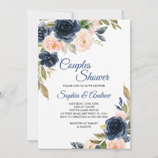 Navy Blue & Blush Floral Couples Shower Invitation
