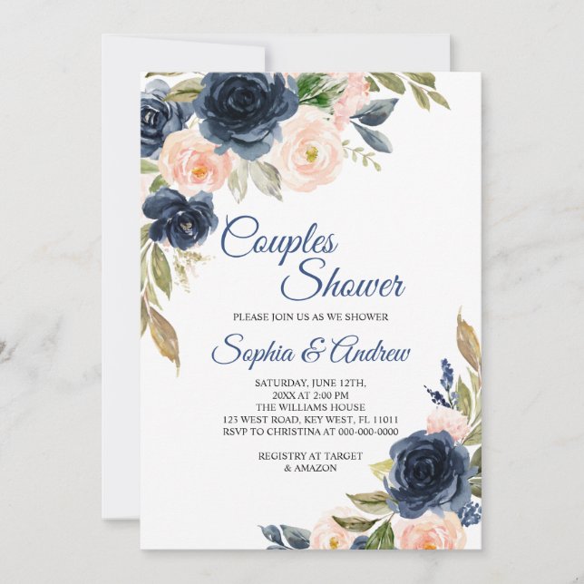 Navy Blue & Blush Floral Couples Shower Invitation (Front)