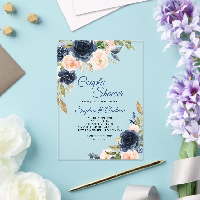 Navy Blue & Blush Floral Couples Shower Invitation (Insitu (Mariage))
