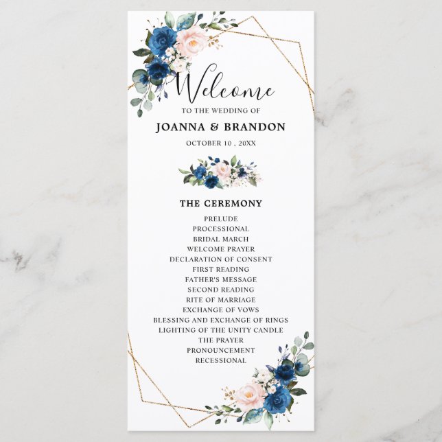 Navy Blue Blush Floral Geometric Wedding Program (Front)