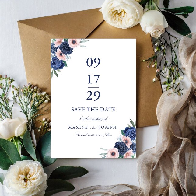 Navy Blue & Blush Floral Geometric Wedding Save The Date (Navy blue and blush floral save the date shares your wedding news with elegance.)