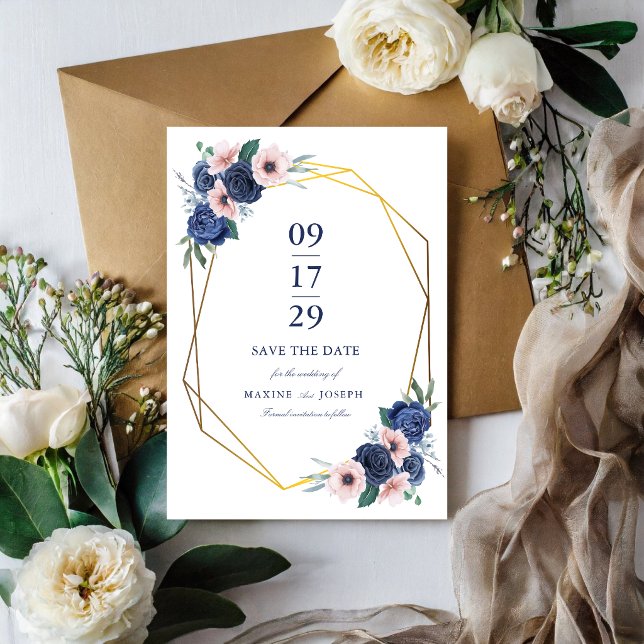 Navy Blue & Blush Floral Geometric Wedding Save The Date (Navy blue and blush floral save the date creates excitement for your wedding day.)