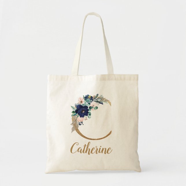 Navy Blue Blush Floral Gold Letter C Tote Bag (Front)