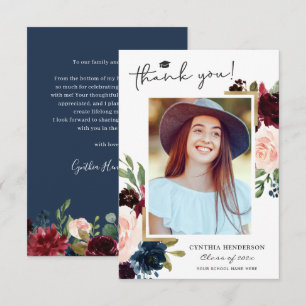 Navy Blue Blush Floral Graduation Photo Thank You Card
