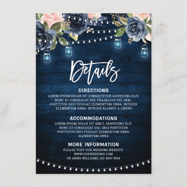 Navy Blue Blush Floral Rustic String Light Details Enclosure Card (Front)
