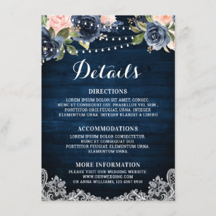 Navy Blue Blush Floral Rustic String Light Details Enclosure Card