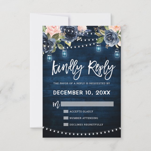Navy Blue Blush Floral Rustic String Light RSVP (Front)