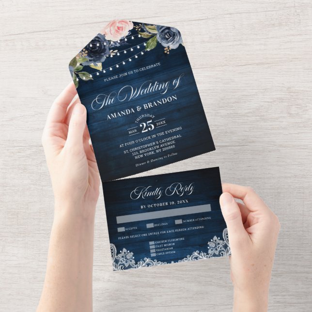 Navy Blue Blush Floral Rustic String Light Wedding All In One Invitation (Tearaway)