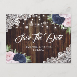 Navy Blue Blush Floral Save The Date Postcard
