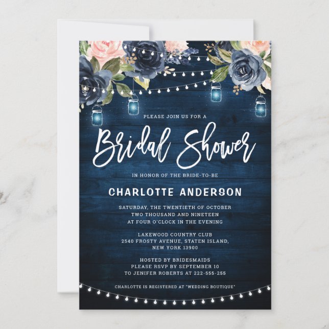 Navy Blue Blush Floral String Light Bridal Shower Invitation (Front)