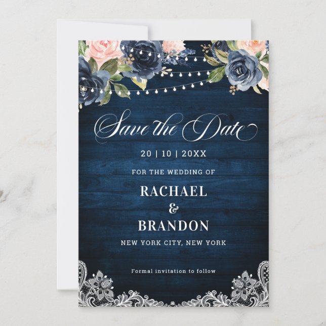 Navy Blue Blush Floral String Light Save the Date (Front)