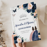 Navy Blue Blush Floral Twins Princess Quinceañera Program<br><div class="desc">Personalize this lovely bi-fold program with your own wording easily and quickly. Simply click the Edit Using Design Tools button to further edit the text, wording, font style, font size, font colour, add more text, move or remove some images. The butterflies, quince girls and crown are movable, resizable, multipliable and...</div>