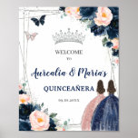 Navy Blue Blush Floral Twins Silver Quinceañera  Poster<br><div class="desc">Personalize this lovely welcome sign with your own wording easily and quickly. Simply click the Edit Using Design Tools button to further edit the text, wording, font style, font size, font colour, add more text, move or remove some images. The butterflies, quince girls and crown are movable, resizable, multipliable and...</div>