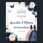 Navy Blue Blush Floral Twins Silver Quinceañera  Poster<br><div class="desc">Personalize this lovely welcome sign with your own wording easily and quickly. Simply click the Edit Using Design Tools button to further edit the text, wording, font style, font size, font colour, add more text, move or remove some images. The butterflies, quince girls and crown are movable, resizable, multipliable and...</div>