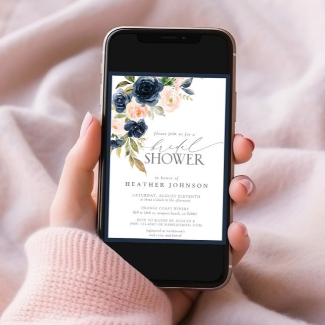Navy Blue & Blush Floral Watercolor Bridal Shower Invitation (Creator Uploaded)