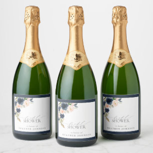 Navy Blue & Blush Floral Watercolor Bridal Shower Sparkling Wine Label