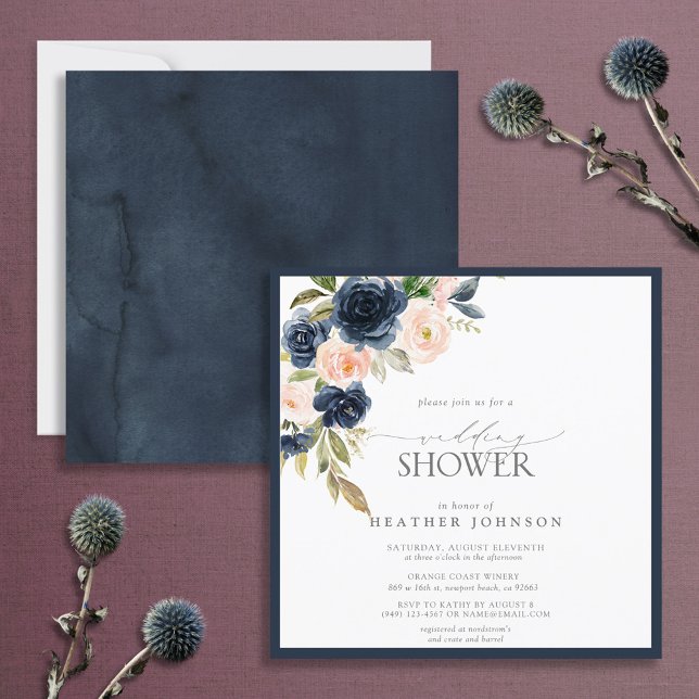 Navy Blue & Blush Floral Watercolor Wedding Shower Invitation (Creator Uploaded)