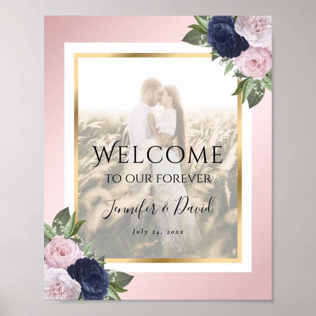 Navy Blue Blush Floral Wedding Photo Welcome Sign (Front)