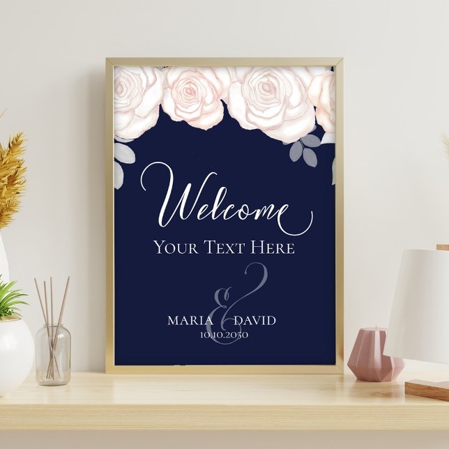Navy Blue Blush Floral Wedding Welcome Sign Flyer (Navy blue wedding welcome sign with blush roses and elegant script typography.)